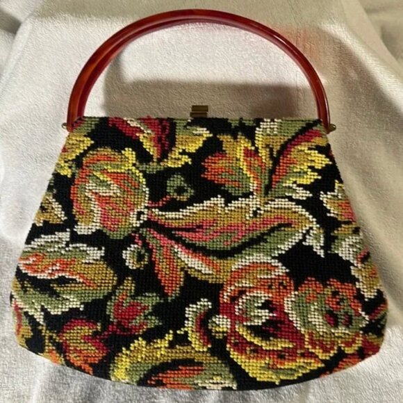 Vintage Needlepoint Tapestry Handbag w/ Lucite Handle - Garay - Picture 1 of 6